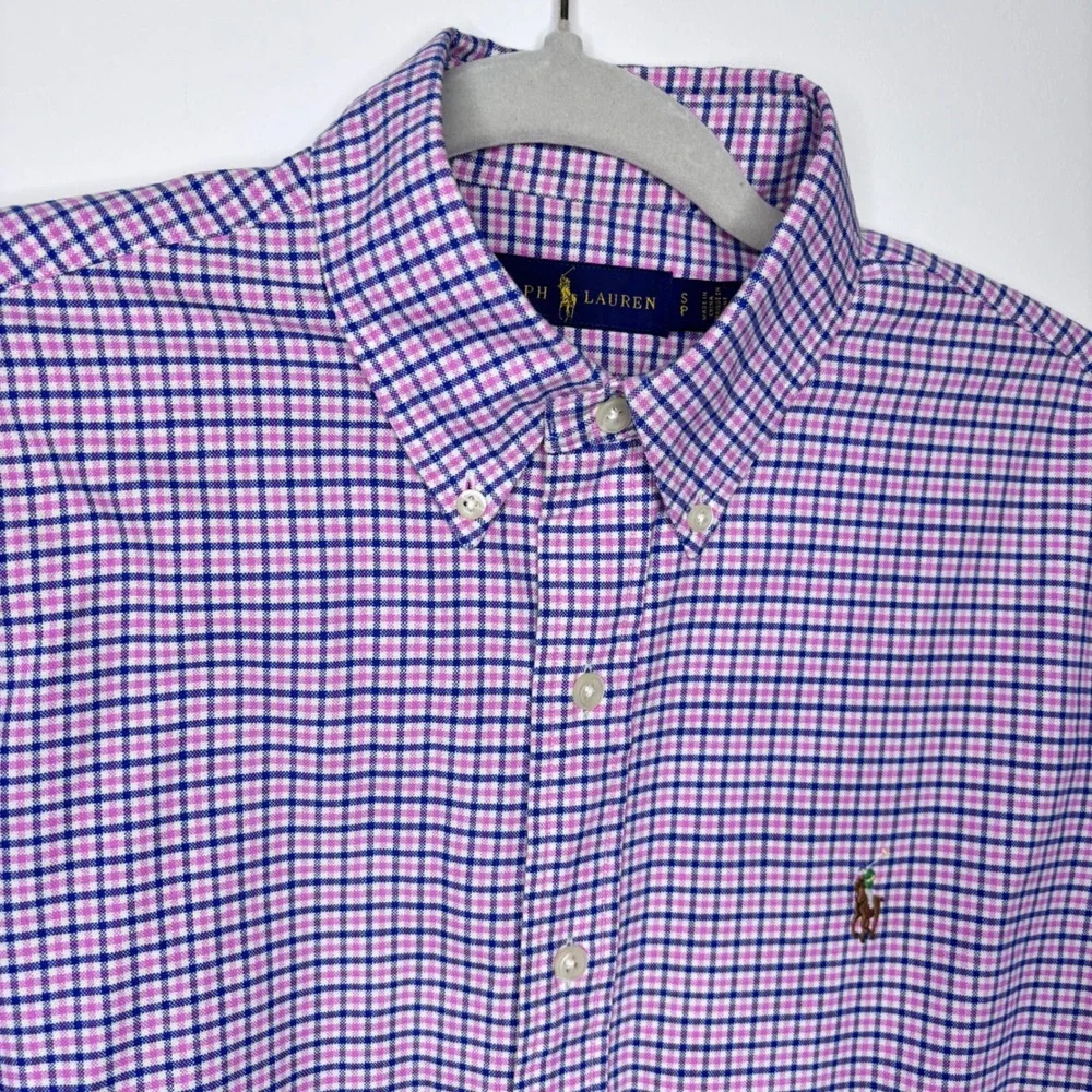 Polo Ralph Lauren Mens Slim Fit Gingham Button Down Shirt Pink Navy Blue Small